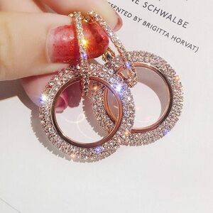 NIB Zirconia Pave Double Loop Gold Clip Statement Earring Evening Party Jewelry